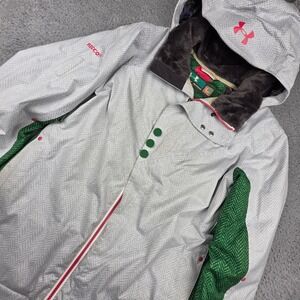 Under Armour Ski Jacket Women L Gray Green Chevron RECCO Hooded Puffer